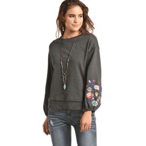 Rock & Roll Long Sleeve Floral Embroidered Puff Sleeve Top Size XL